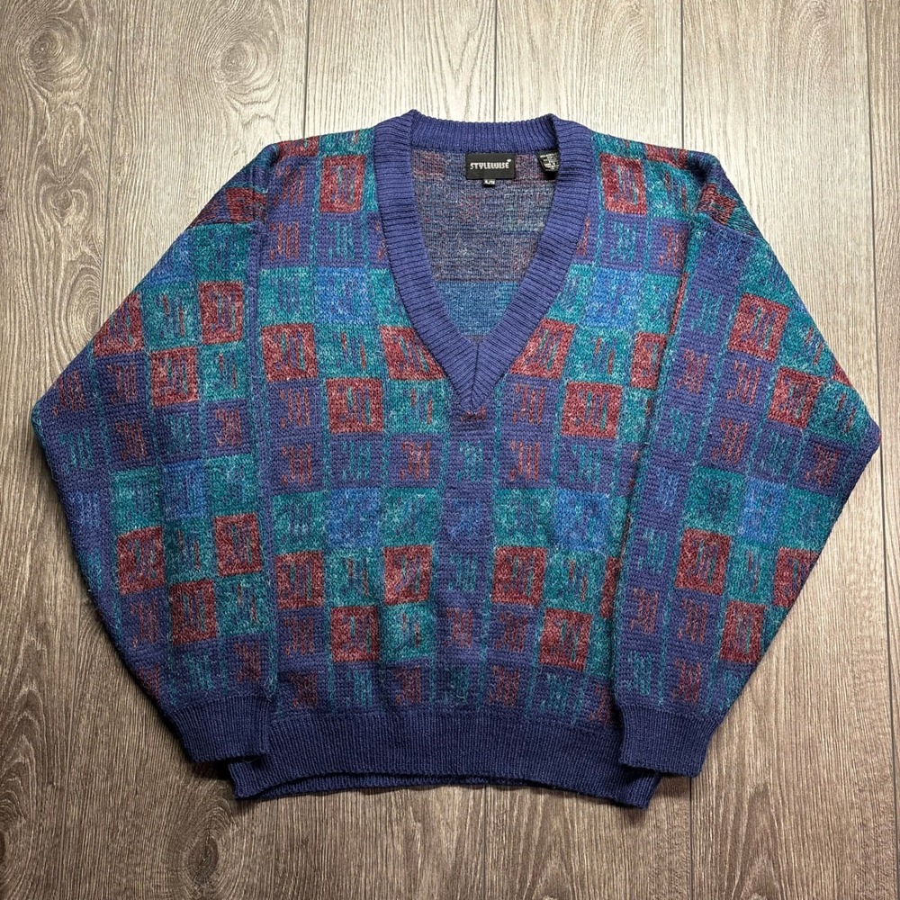 Vintage Stylewise Mens XL V-Neck Sweater Geometric Block Knit Blue Teal Burgundy